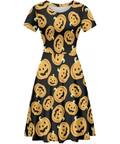 Women's Cute Print Short Sleeve Unique Casual Flared A Line Party Short Dress Halloween Pumpkin $13.67 Dresses