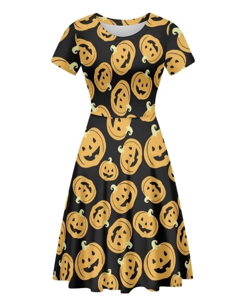 Women's Cute Print Short Sleeve Unique Casual Flared A Line Party Short Dress Halloween Pumpkin $13.67 Dresses