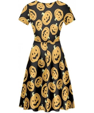 Women's Cute Print Short Sleeve Unique Casual Flared A Line Party Short Dress Halloween Pumpkin $13.67 Dresses