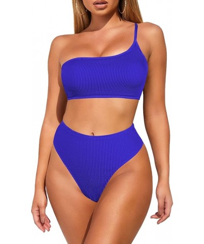 Women's 2 Piece One Shoulder High Waisted Bikini Set Ribbed High Leg Swimsuit Bathing Suit Sapphire Blue $19.03 Swimsuits