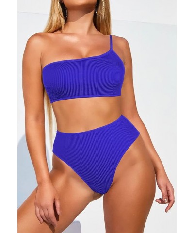 Women's 2 Piece One Shoulder High Waisted Bikini Set Ribbed High Leg Swimsuit Bathing Suit Sapphire Blue $19.03 Swimsuits