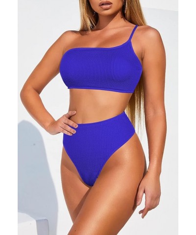 Women's 2 Piece One Shoulder High Waisted Bikini Set Ribbed High Leg Swimsuit Bathing Suit Sapphire Blue $19.03 Swimsuits