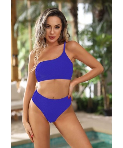 Women's 2 Piece One Shoulder High Waisted Bikini Set Ribbed High Leg Swimsuit Bathing Suit Sapphire Blue $19.03 Swimsuits