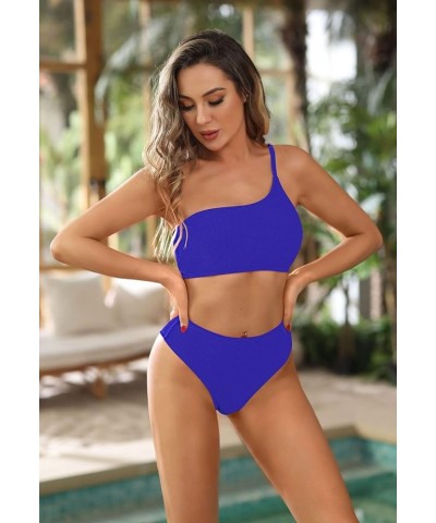 Women's 2 Piece One Shoulder High Waisted Bikini Set Ribbed High Leg Swimsuit Bathing Suit Sapphire Blue $19.03 Swimsuits