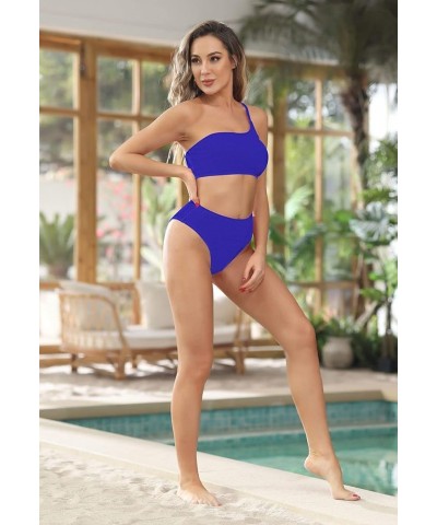 Women's 2 Piece One Shoulder High Waisted Bikini Set Ribbed High Leg Swimsuit Bathing Suit Sapphire Blue $19.03 Swimsuits