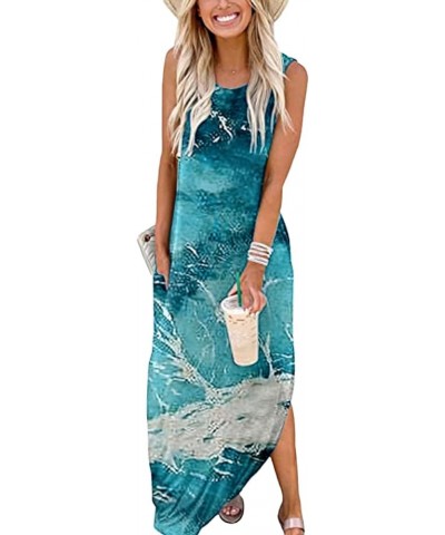 Dresses for Women 2023 Summer Casual Loose Long Beach Dress Sleveless Split Maxi Sundress Plus Size with Pockets Ocean Waves ...