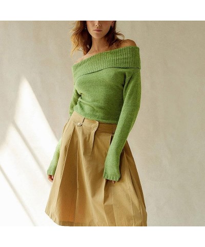 Women Knit Off The Shoulder Sweater Long Sleeve Ribbed Slim Cropped Top Lapel Dropped Neck Overlock Fall Outfits Fashion Gree...