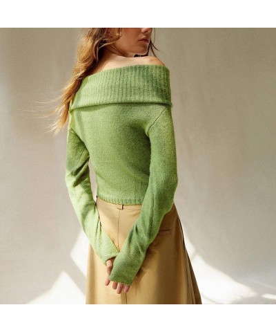 Women Knit Off The Shoulder Sweater Long Sleeve Ribbed Slim Cropped Top Lapel Dropped Neck Overlock Fall Outfits Fashion Gree...