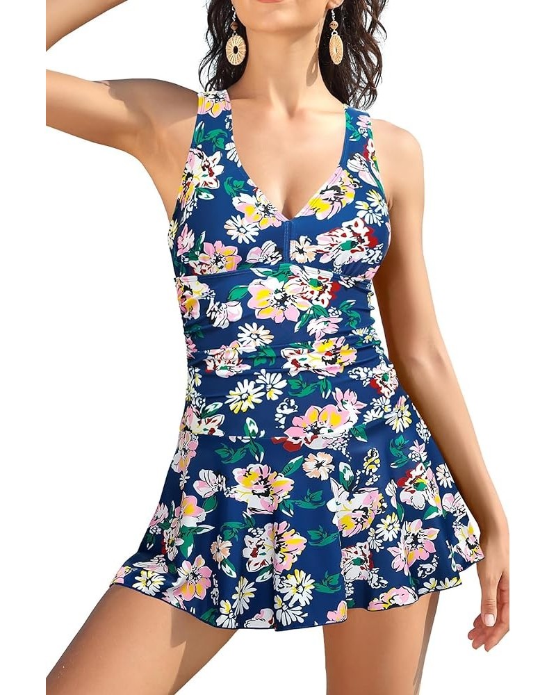 Women's Back Crisscross Swimdress Tummy Control One Piece Skirt Swimsuit Flower-1 $26.19 Swimsuits