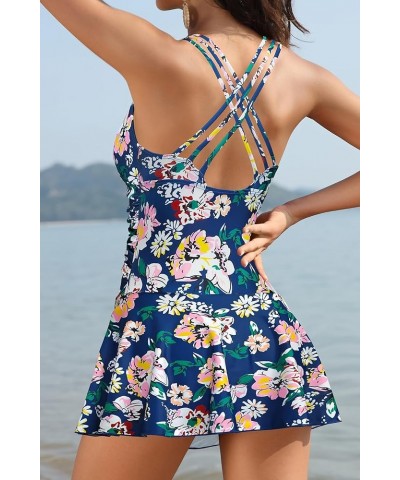 Women's Back Crisscross Swimdress Tummy Control One Piece Skirt Swimsuit Flower-1 $26.19 Swimsuits