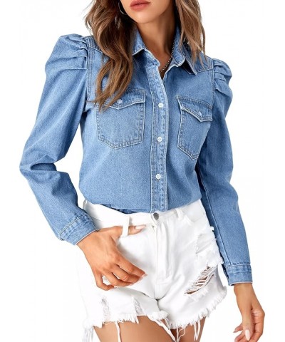 Women's Puff Long Sleeve Jean Denim Shirt Work Double Pocket Slim-fit Blouse Dressy Casual Tops Light Blue $17.99 Blouses