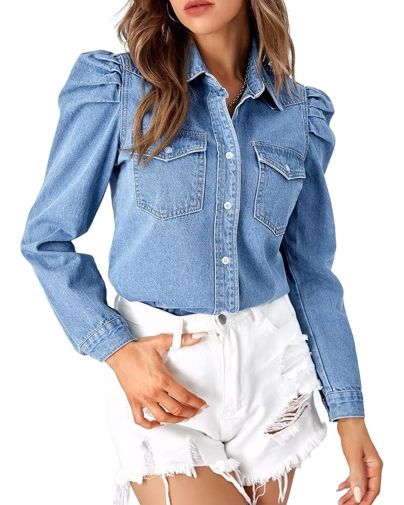 Women's Puff Long Sleeve Jean Denim Shirt Work Double Pocket Slim-fit Blouse Dressy Casual Tops Light Blue $17.99 Blouses