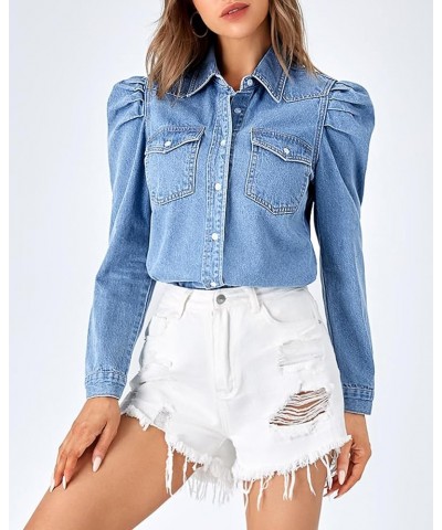 Women's Puff Long Sleeve Jean Denim Shirt Work Double Pocket Slim-fit Blouse Dressy Casual Tops Light Blue $17.99 Blouses