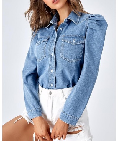 Women's Puff Long Sleeve Jean Denim Shirt Work Double Pocket Slim-fit Blouse Dressy Casual Tops Light Blue $17.99 Blouses