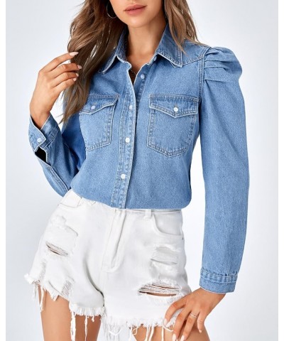 Women's Puff Long Sleeve Jean Denim Shirt Work Double Pocket Slim-fit Blouse Dressy Casual Tops Light Blue $17.99 Blouses