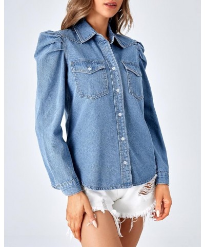 Women's Puff Long Sleeve Jean Denim Shirt Work Double Pocket Slim-fit Blouse Dressy Casual Tops Light Blue $17.99 Blouses