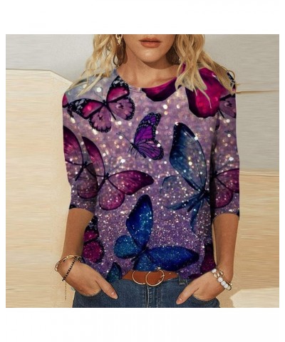 Tops 3/4 Sleeve Shiny Butterfly Marble Stripe Tie-Dye Vintage Style Floral Print O Neck Plus Size Elegant Top 08-purple $9.86...