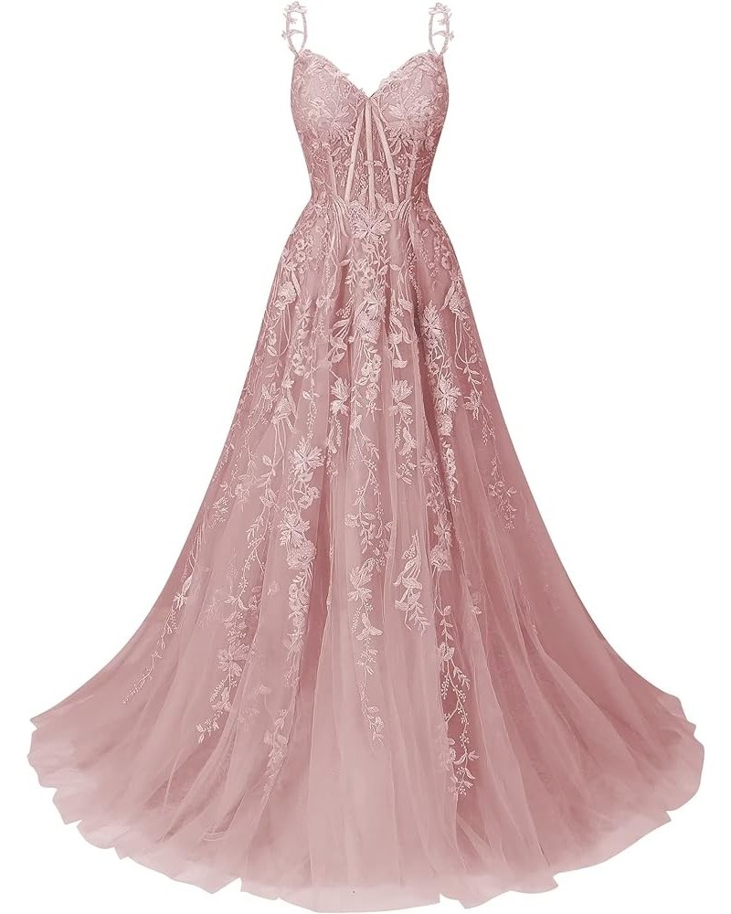 Tulle Lace Applique Prom Dresses Long for Women 2024 Spaghetti Straps A-Line Evening Cocktail Party Dresses YO035 Dusty Rose ...