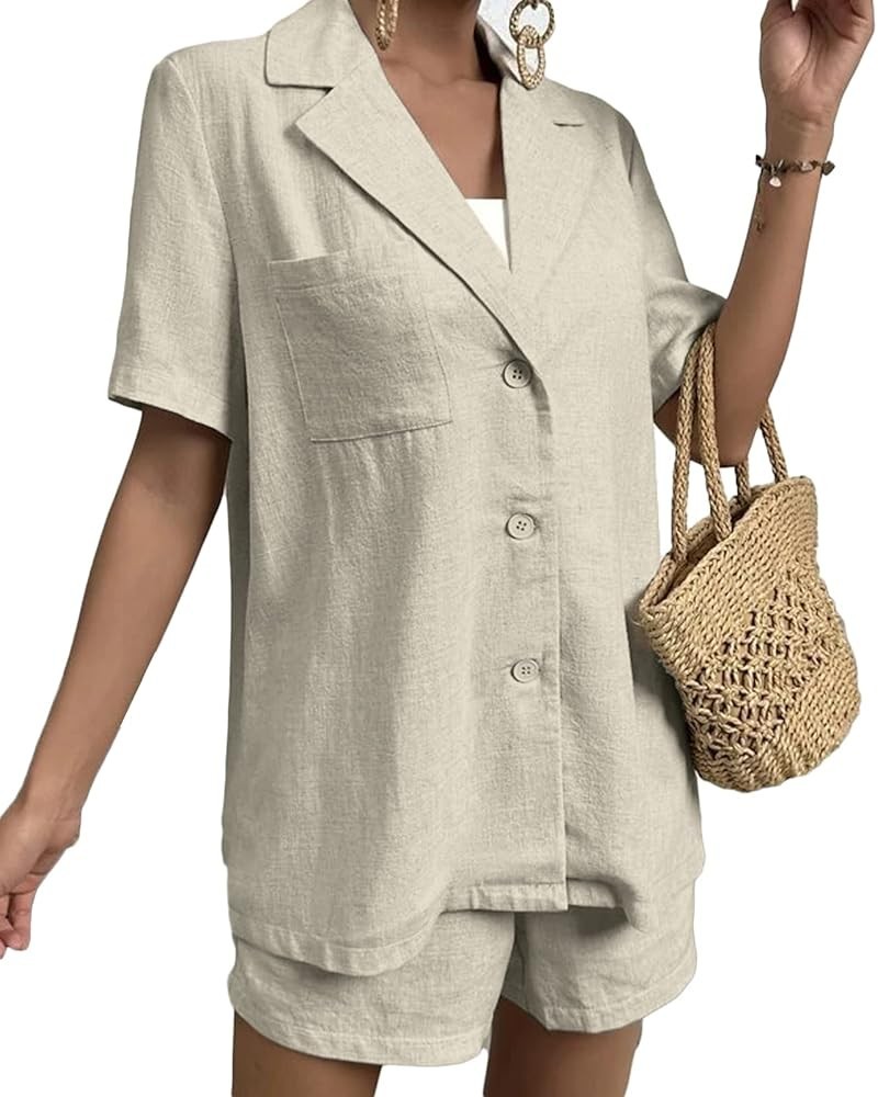 Linen Blazer for Womens Short Sleeve Solid Lightweight Lapel Work Office Jacket with Pockets 1-beige $25.64 Blazers