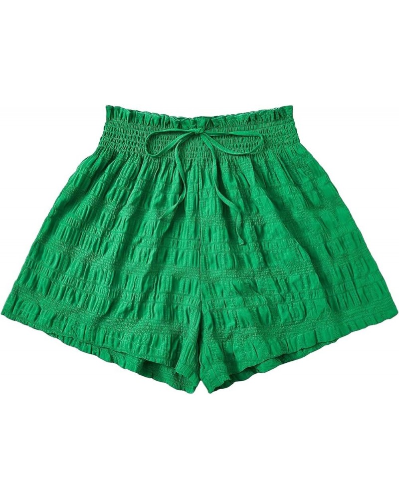 Women's Plus Size Elastic High Waisted Tie Front Flowy Wide Leg Shorts Textured Green $14.10 Shorts