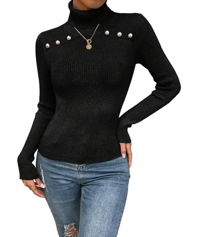 Women's Long Sleeve Turtleneck Top Casual Beaded Slim Fit Pullover Sweater Black $15.80 Sweaters