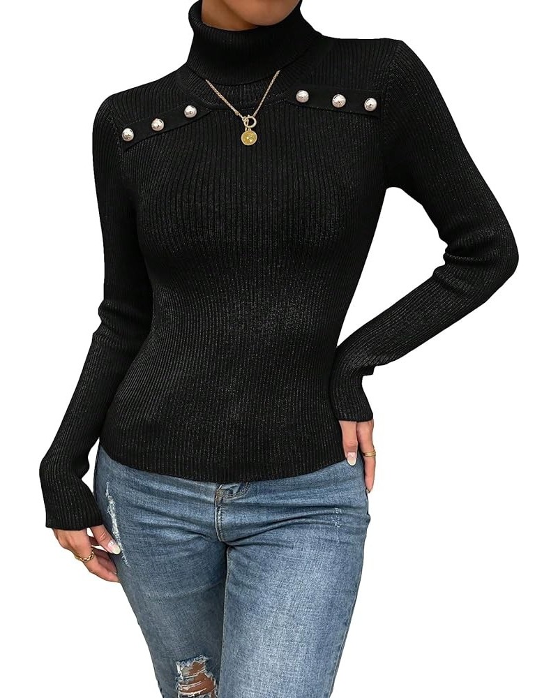 Women's Long Sleeve Turtleneck Top Casual Beaded Slim Fit Pullover Sweater Black $15.80 Sweaters