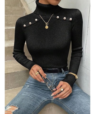 Women's Long Sleeve Turtleneck Top Casual Beaded Slim Fit Pullover Sweater Black $15.80 Sweaters