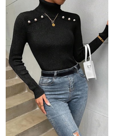 Women's Long Sleeve Turtleneck Top Casual Beaded Slim Fit Pullover Sweater Black $15.80 Sweaters