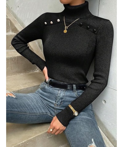 Women's Long Sleeve Turtleneck Top Casual Beaded Slim Fit Pullover Sweater Black $15.80 Sweaters