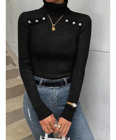 Women's Long Sleeve Turtleneck Top Casual Beaded Slim Fit Pullover Sweater Black $15.80 Sweaters