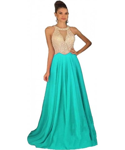 Women's Crystal Beaded Prom Dresses 2024 Long Chiffon Long Evening Gowns Formal Turquoise $32.70 Dresses