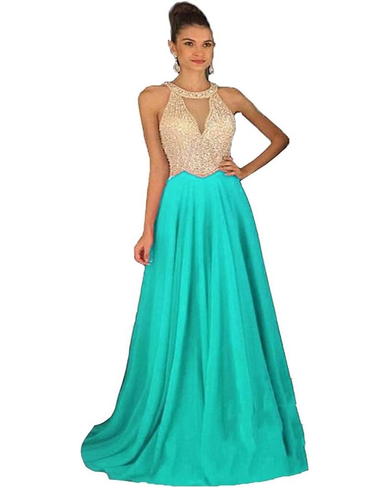 Women's Crystal Beaded Prom Dresses 2024 Long Chiffon Long Evening Gowns Formal Turquoise $32.70 Dresses