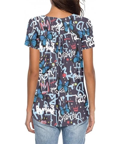 Rose Tunic Tops for Women Blue Rose Short Sleeve Flare T-Shirts Rose Flowers V-Neck Button Up Pleated Top Artistic Abstract P...