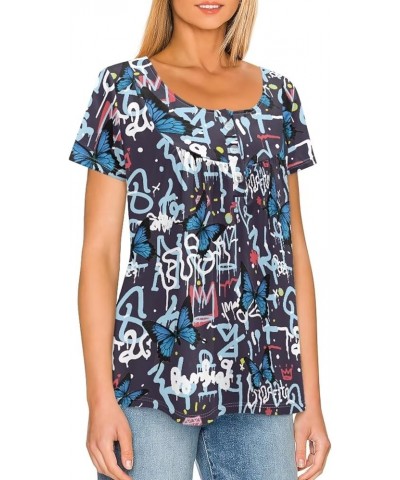 Rose Tunic Tops for Women Blue Rose Short Sleeve Flare T-Shirts Rose Flowers V-Neck Button Up Pleated Top Artistic Abstract P...