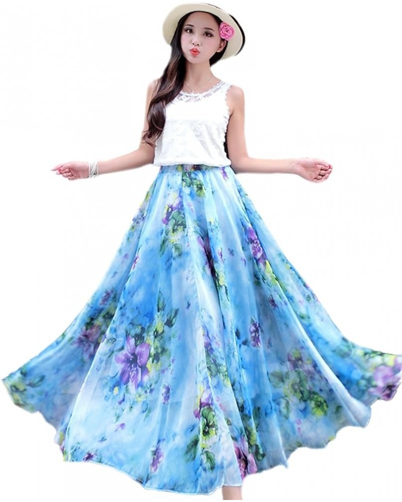 Women's Chiffon Floral Print Elasticated Waist Maxi Skirt Watery Blue Floral $13.34 Skirts