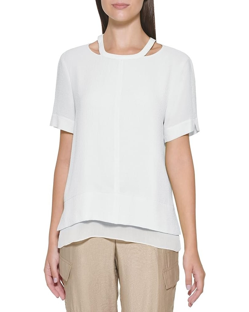 Women's S/S Cut Out Neck Top W/Chiffon Hem Ivory $22.06 Blouses