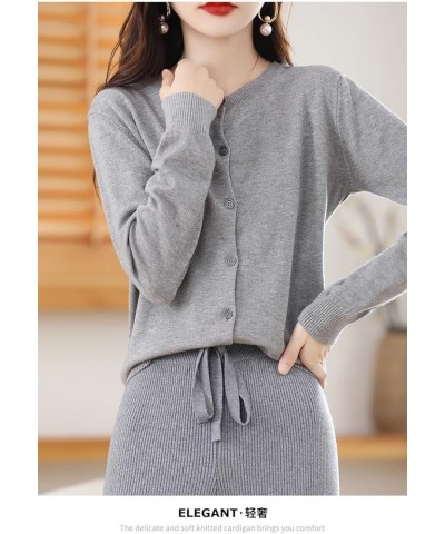 Women's Crew Neck Wool Cardigan Sweater, 100% Cashmere Button Front Long Sleeve Cardigan Soft Warm Knit Stretch Sweater Grey ...