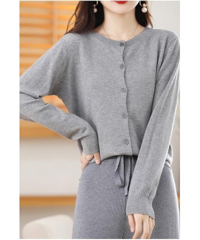 Women's Crew Neck Wool Cardigan Sweater, 100% Cashmere Button Front Long Sleeve Cardigan Soft Warm Knit Stretch Sweater Grey ...