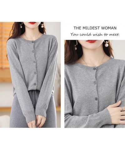 Women's Crew Neck Wool Cardigan Sweater, 100% Cashmere Button Front Long Sleeve Cardigan Soft Warm Knit Stretch Sweater Grey ...