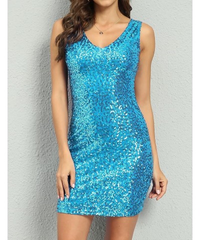 Women's Sequin Cocktail Dress V Neck Bodycon Glitter Party Dress Lake Blue $27.02 Dresses