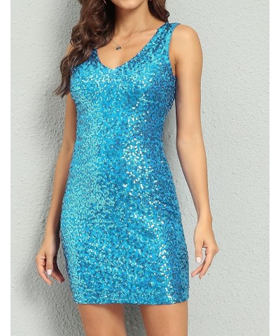 Women's Sequin Cocktail Dress V Neck Bodycon Glitter Party Dress Lake Blue $27.02 Dresses