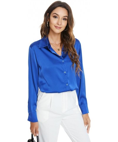 Womens Long Sleeve Button Down Satin Silk Shirts Casual Business Smooth Blouse Tops Deep Bright Blue $18.55 Blouses