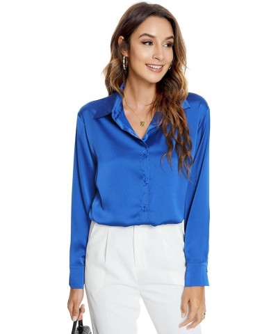 Womens Long Sleeve Button Down Satin Silk Shirts Casual Business Smooth Blouse Tops Deep Bright Blue $18.55 Blouses