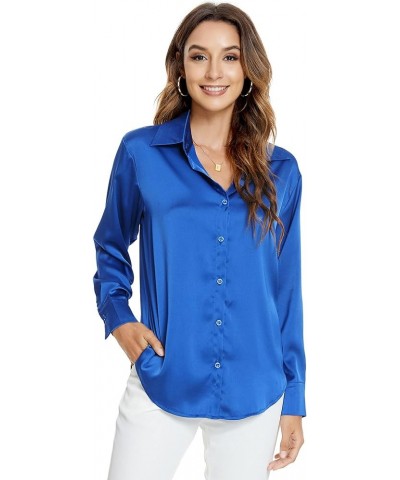 Womens Long Sleeve Button Down Satin Silk Shirts Casual Business Smooth Blouse Tops Deep Bright Blue $18.55 Blouses