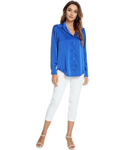 Womens Long Sleeve Button Down Satin Silk Shirts Casual Business Smooth Blouse Tops Deep Bright Blue $18.55 Blouses