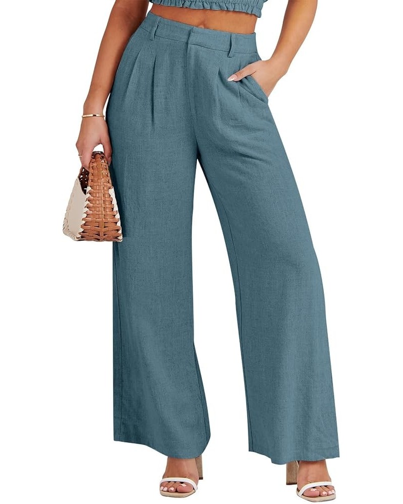 Women's Wide Leg Linen Palazzo Pants High Waisted Business Casual Trousers Loose Pleated Dressy Pants with Pocket Blue $21.27...