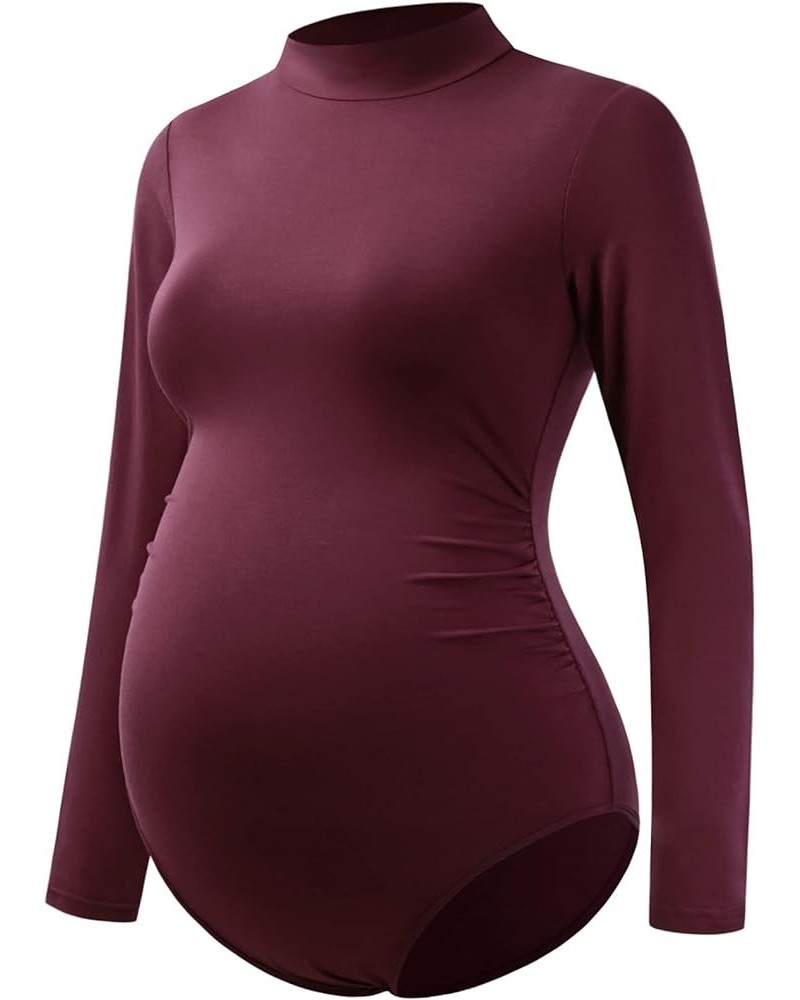 Maternity Shirt Mock Neck Long Sleeve Bodysuit for Pregnant Photoshoot Burgundy $14.45 T-Shirts