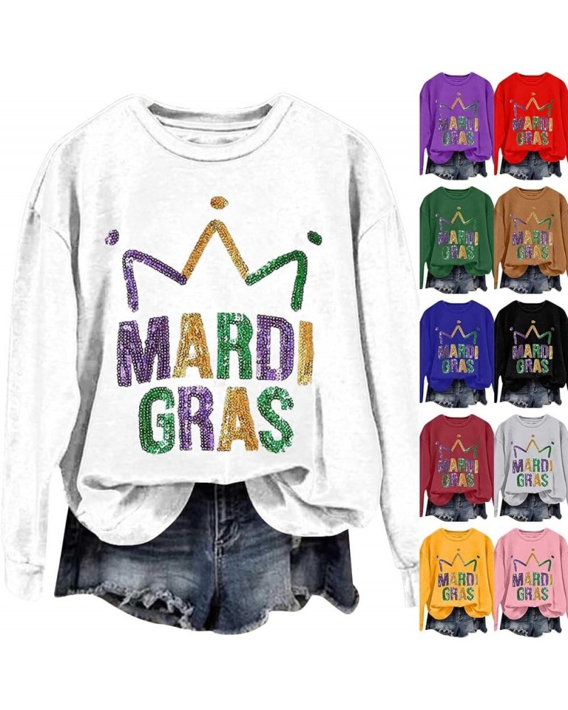 2024 Mardi Gras Shirt for Women Long Sleeve Tops Bling Glitter Carnival Themed Outfit Party Graphic Sweatshirt Holiday A01-bl...