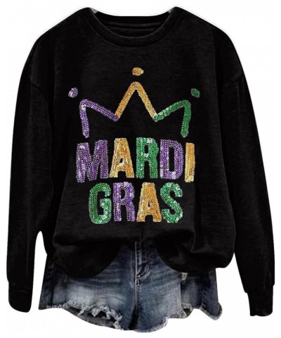 2024 Mardi Gras Shirt for Women Long Sleeve Tops Bling Glitter Carnival Themed Outfit Party Graphic Sweatshirt Holiday A01-bl...