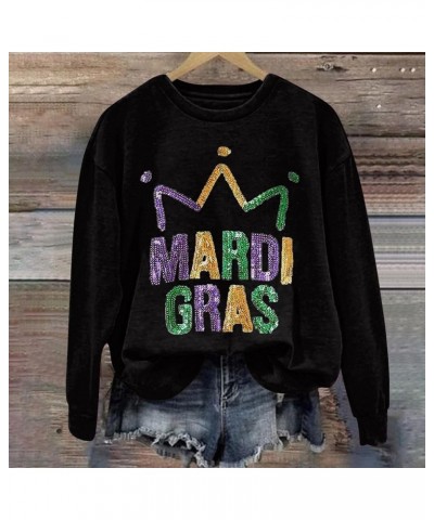 2024 Mardi Gras Shirt for Women Long Sleeve Tops Bling Glitter Carnival Themed Outfit Party Graphic Sweatshirt Holiday A01-bl...